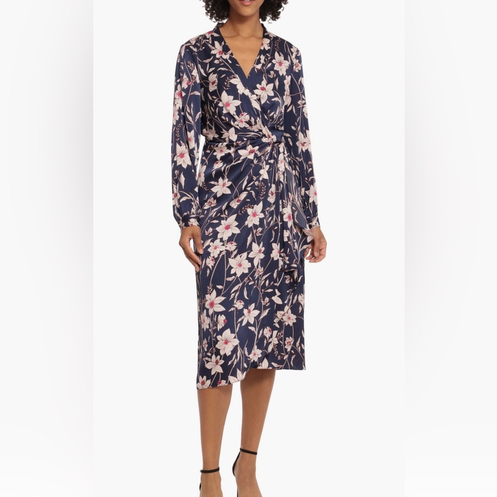 Maggy London Floral Print Long Sleeve Satin Wrap Dress